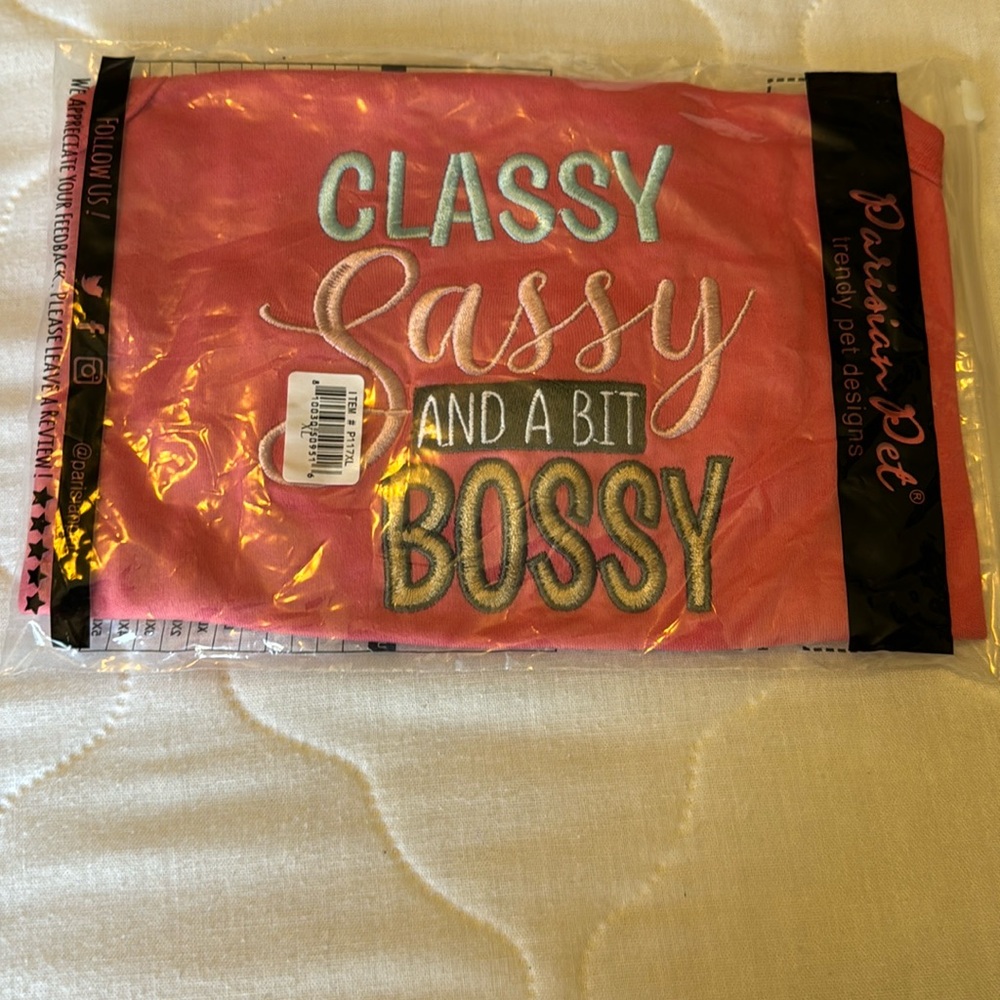 NWT: Parisian Pet dog t-shirt w/ “Classy, Sassy, and a Bit Bossy” embroidery, XL